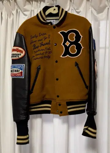 바시티 자켓 브라운 울 가죽 소매