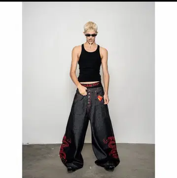자수 와이드 데님 팬츠 K-스타일 y2k 루즈 블랙 L