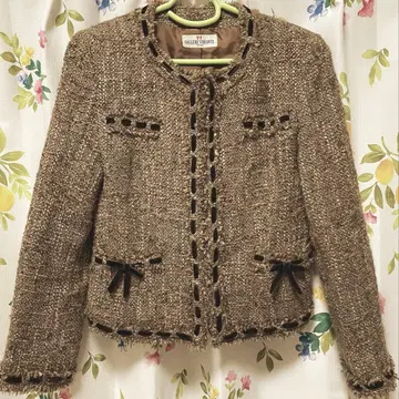 갤러리 비스콘티 노카라 자켓 코트 트위드 리본