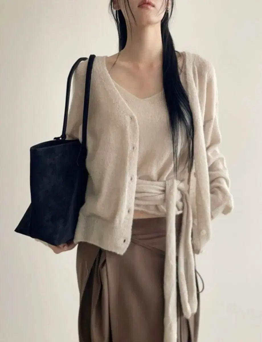 Adelio Alpaca Boucle Strap Sleeveless &amp; Cardigan Set Beige