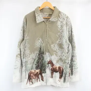VINTAGE 말 호스 애니멀 올 패턴 플리스 보아 지퍼 자켓