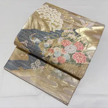A 화상금 꽃들 학 풍경 금실 순수 실크 육통 후쿠로 오비 포멀 O22