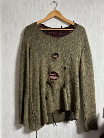 데미지 니트 토르마 보더 T 세트 그런지 분위기 발군