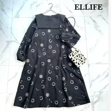 새상품급 ELLIFE 서클 자수 빅 칼라 원피스 롱 원피스 블랙