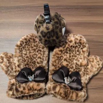 디즈니 미키 레오파드 무늬 리본 포함 귀도리와 미튼 세트