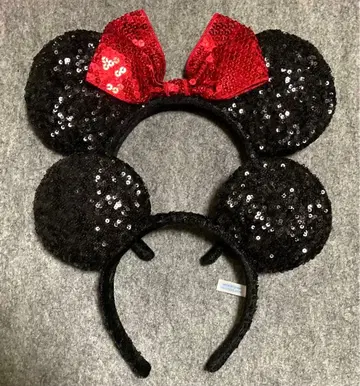 디즈니 머리띠 스팽글 리본 빨간색 블랙 미키 미니 페어