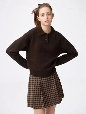 [ 새상품 ] GU 퍼프 니트 피케 셔츠 다크 브라운 S 사이즈