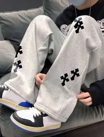 Y2K K-스타일 크로스 와펜 와이드 스웨트 팬츠 그레이 L (M)