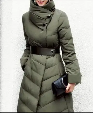 루일 에 부티크 허리 리본 벨트 비대칭 롱 다운 코트