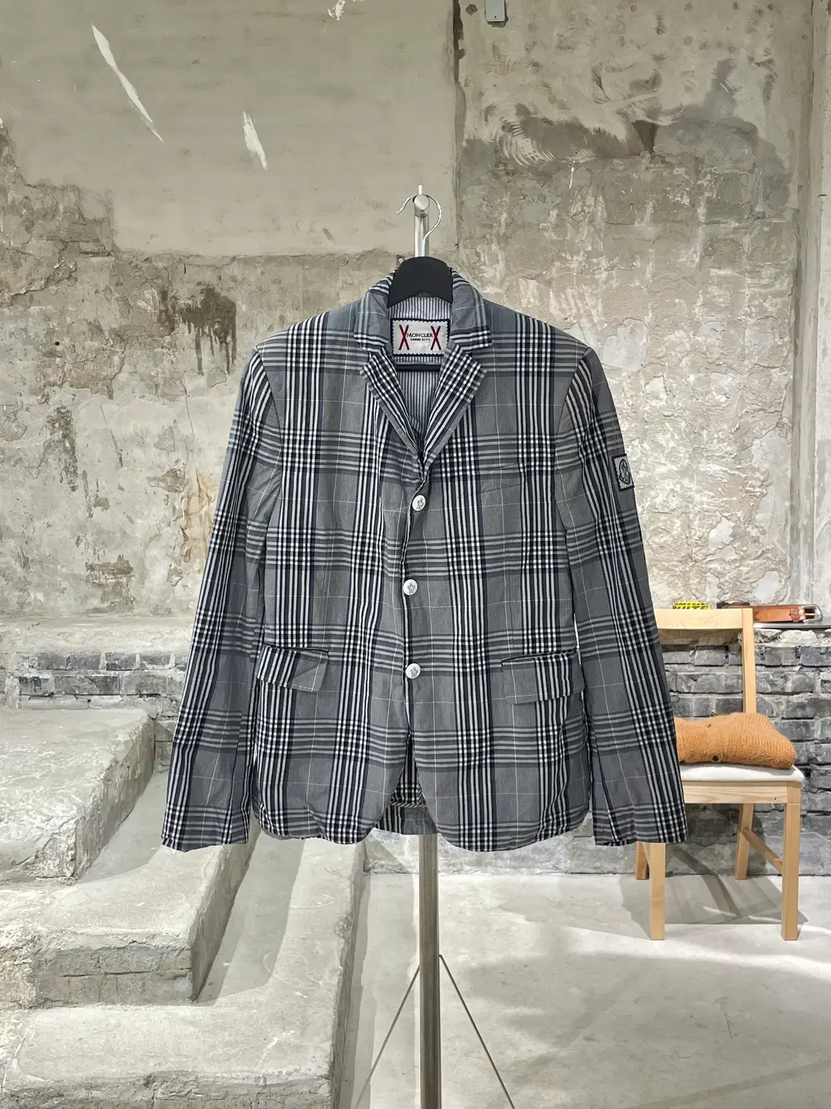 Moncler Gamma Blue Gray Check Snap Button Blazer Jacket