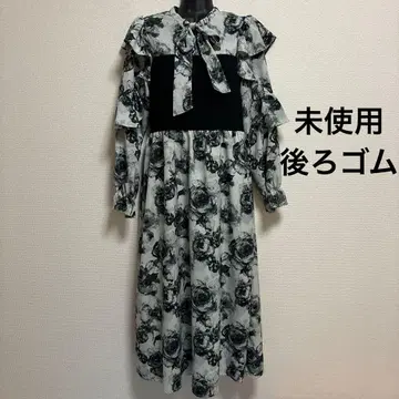 미사용 로즈 프린트 리본 프릴 롱 원피스 엑시즈팜