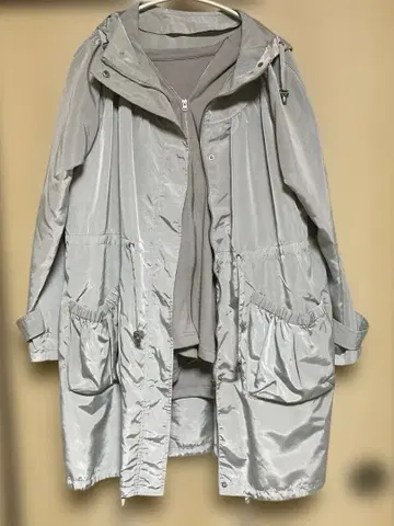 실버 후드 부착 롱 코트 중 자켓 앙상블 L