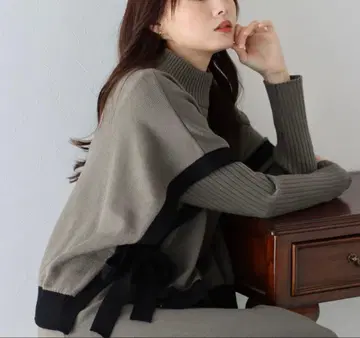 사이드 리본 케이프 니트 베스트 & 리브 원피스 셋업 BLUE EAST