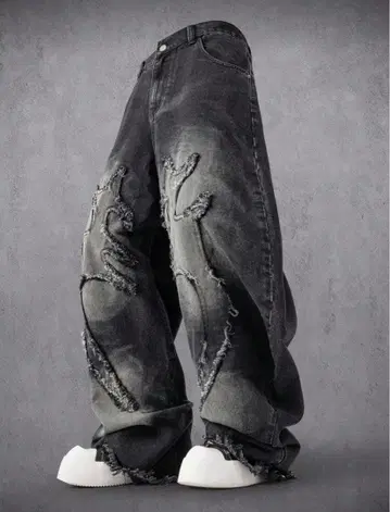 와이드 데미지 데님 블랙 개성파 K-스타일 스트릿 M ( S )