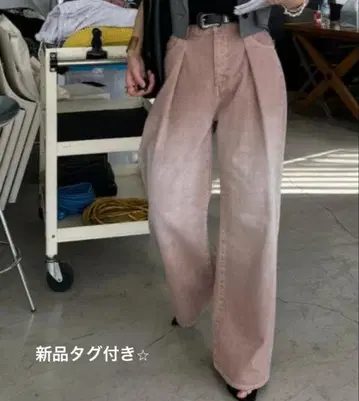 택 포함 새상품 지나시스 턱 데님 와이드 팬츠 핑크 S 그라데이션