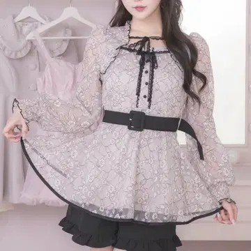 pium 레이스 케이프 프릴 긴팔 셋업 핑크