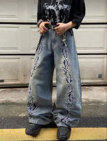 양쪽 다리 자수 디자인 데님 팬츠 K-스타일 Y2K 스트릿 M (S)