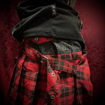 V계 빨검 체크 랩 스커트 파우치 포함 펑크 미니 아카이브 MIDAS