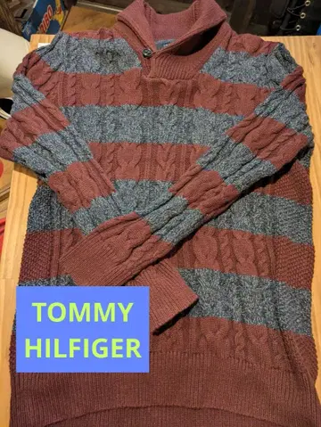 타미힐피거 니트 보더 버튼 버건디 그레이