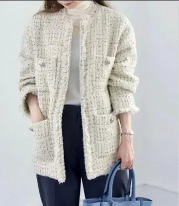 택 포함 카란 엘르 쉽스 팬시 트위드 노카라 자켓