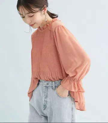 VIS 비스 무지 쉬폰 플리츠 스탠드 블라우스 오렌지 택 포함