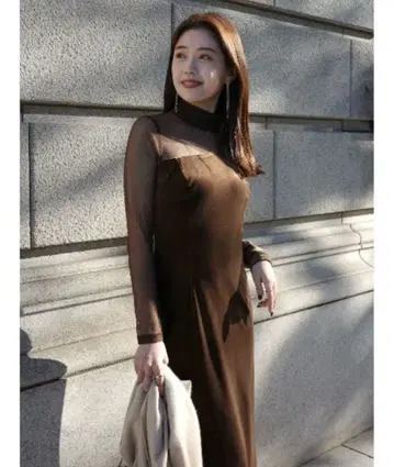 anuans 시어 콤비 타이트 원피스 브라운 S