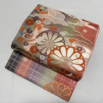 A 학과 국화꽃 무늬 금실 핑크 순수 실크 육통 후쿠로 오비 포멀 O26