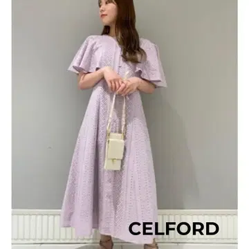 새상품급 CELFORD 코튼 플레어 원피스 S 상당 자수 모티브 퍼플