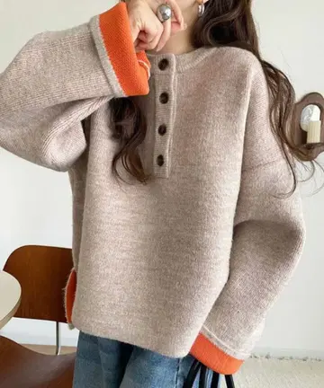 더블 페이스 소재 크루넥 배색 니트 풀오버 (긴팔)