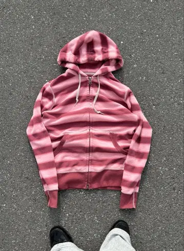 90s 00s y2k 올드 유니클로 보더 지퍼 후드티 핑크