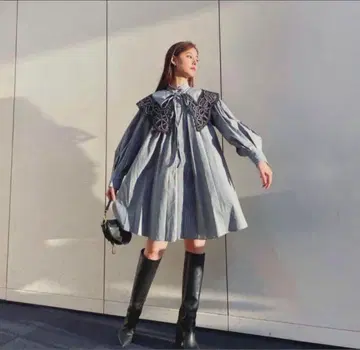 SNIDEL ORGANICS 자수 칼라 미니 원피스 체크 무늬