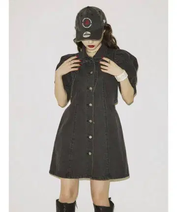 다크 그레이 데님 미니 원피스 반팔