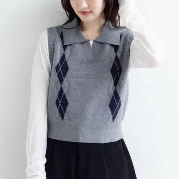 kastane 카라 부착 아가일 니트 베스트 그레이