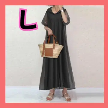 시스루 롱 원피스 맥시 후드티 플리츠 벌룬 소매 블랙 L