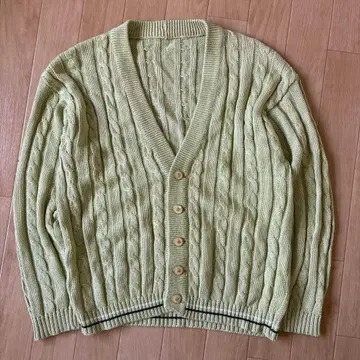 빈티지 가디건 긴팔 니트 스웨터 그린 케이블 짜임 골드 버튼