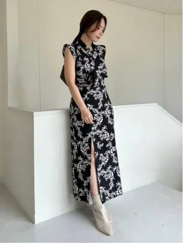 SNIDEL 바리에 프린트 내로우 원피스 블랙00