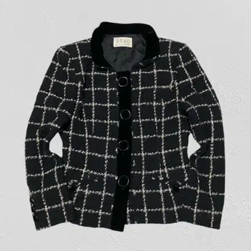 쇼와 레트로 트위드 자켓 체크 벨벳 스탠드 카라 40