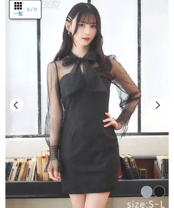 플라워 레이스 시어 넥 리본 긴팔 타이트 미니 드레스