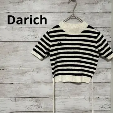 Darich 다리치 반팔 니트 크롭 기장 보더 블랙 x 화이트 자수 로고