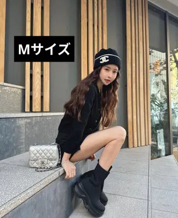 스즈키 아미 프로듀스 니트 부츠 부츠 통굽 블랙