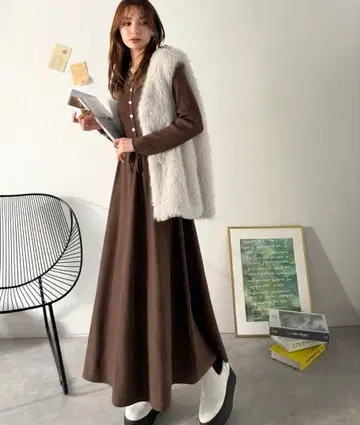 Classical Elf 허리 리본 니트 원피스 (롱 기장)