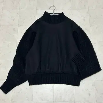 MACPHEE 니트 울 케이블 니트 콤비 하이넥 블랙