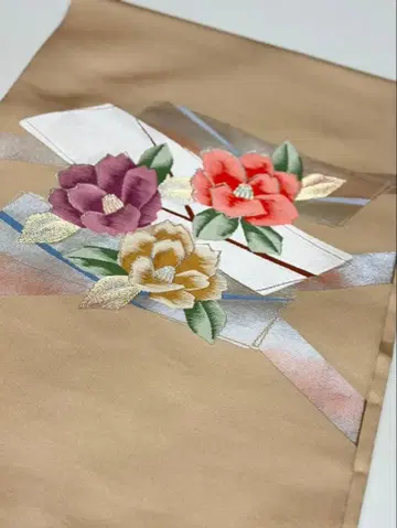 나고야 오비 꽃무늬 자수 베이지 순수 실크 꽃무늬