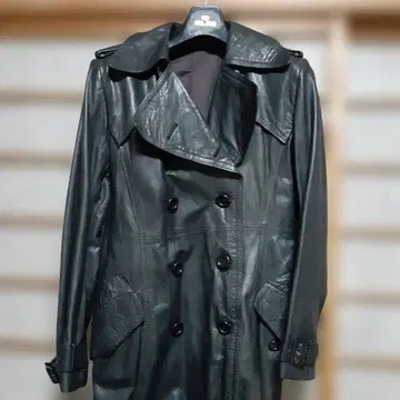 블랙 가죽 더블 브레스트 트렌치코트