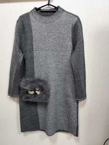 긴팔 니트 원피스 퍼 디자인 포켓