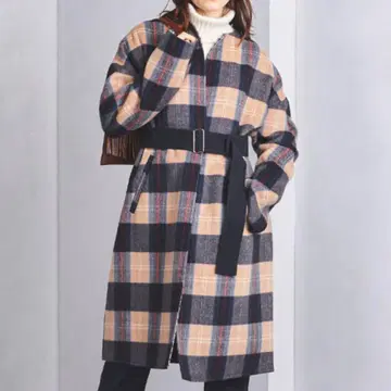 새상품급 치노 노카라 코트 벨트 포함 체크 캐시미어 실크 울