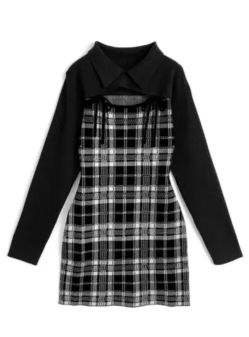 GRL 체크 무늬 프론트 오픈 리본 니트 미니 원피스[ru1373]
