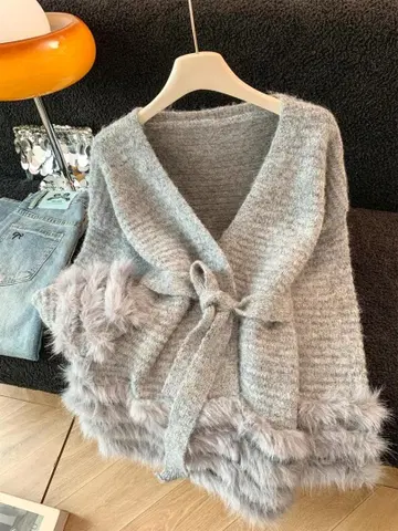 이탈리아 구매 퍼 포함 그레이 랩 가디건