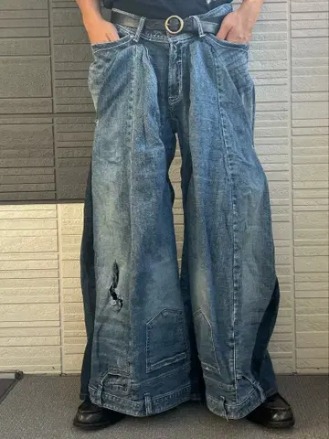 초와이드 슈퍼 와이드 리메이크 데님 팬츠 배기 팬츠 구제 의류