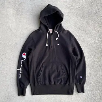 챔피온 구제 의류 리버스 위브 맨투맨 후드티 하프 지퍼 L 블랙